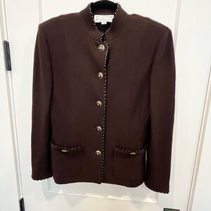 St John Collection Marie Gray Brown Suit Evening Jacket Gold Buttons Size 2